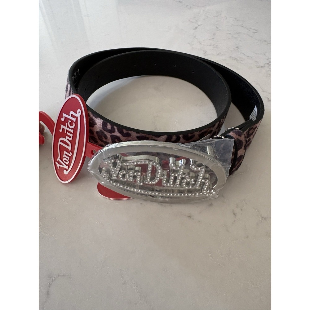 Von Dutch Women's S Belt Rhinestone Buckle Logo Streetwear Leopard Faux Fur